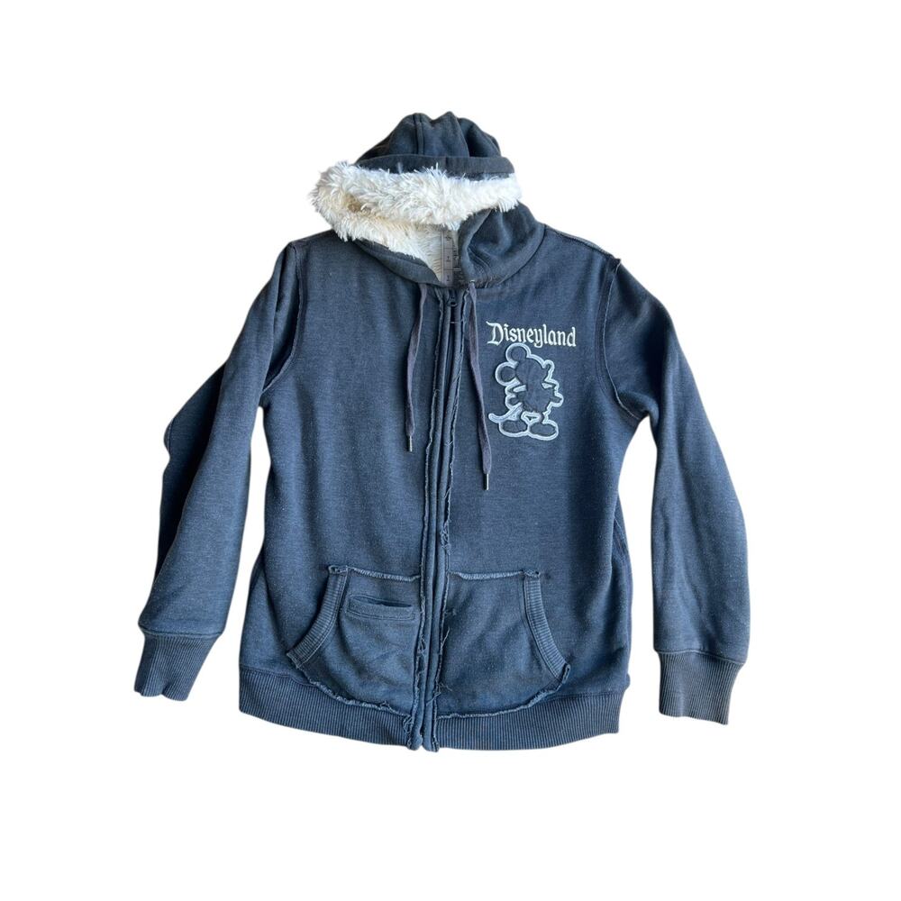 Vintage Disney Parks Disneyland Women's LARGE Sherpa Lined Hooded Jacket Gray